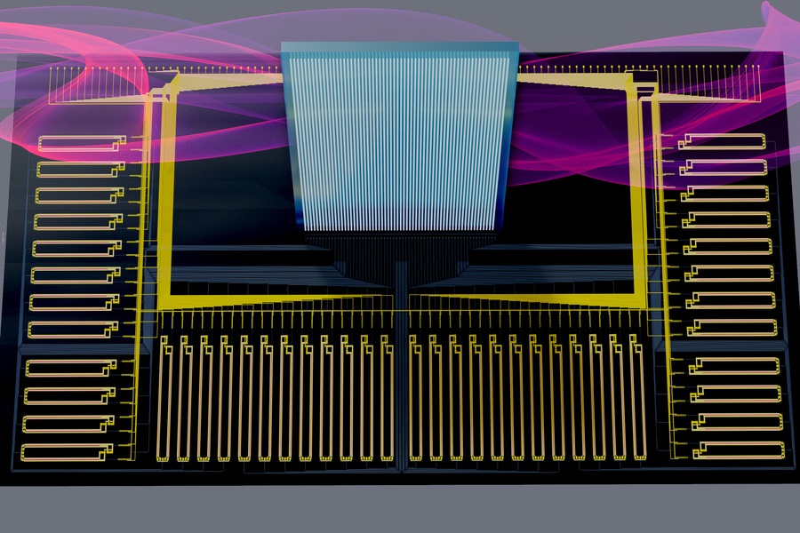This rendering shows a novel piece of hardware, called a smart transceiver, that uses technology known as silicon photonics to dramatically accelerate one of the most memory-intensive steps of running a machine-learning model. This can enable an edge device, like a smart home speaker, to perform computations with more than a hundred-fold improvement in energy efficiency.