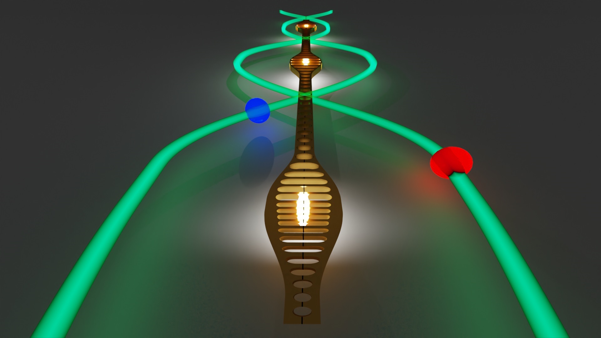 Artist’s impression of entangled phonons – particles of mechanical vibration – traveling along a silicon chip. The blue and red orbs represent light particles that are also entangled with the phonons.