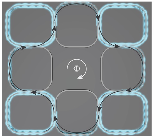 The 2D array consists of resonator rings, where light spends more time, and link rings, where light spends little time