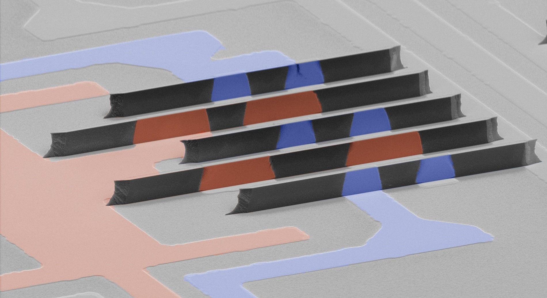 The false-colored scanning electron microscopy image of a 3D filter created from connecting ferroelectric-gate fin resonators with different frequencies
