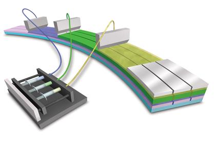 Conceptual module structure consisting of patternless electron-transport and hole-transport layers and one patterned photoactive layer