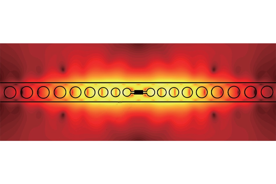 A micrograph of the MIT researchers’ new device, with a visualization of electrical-energy measurements and a schematic of the device layout superimposed on it