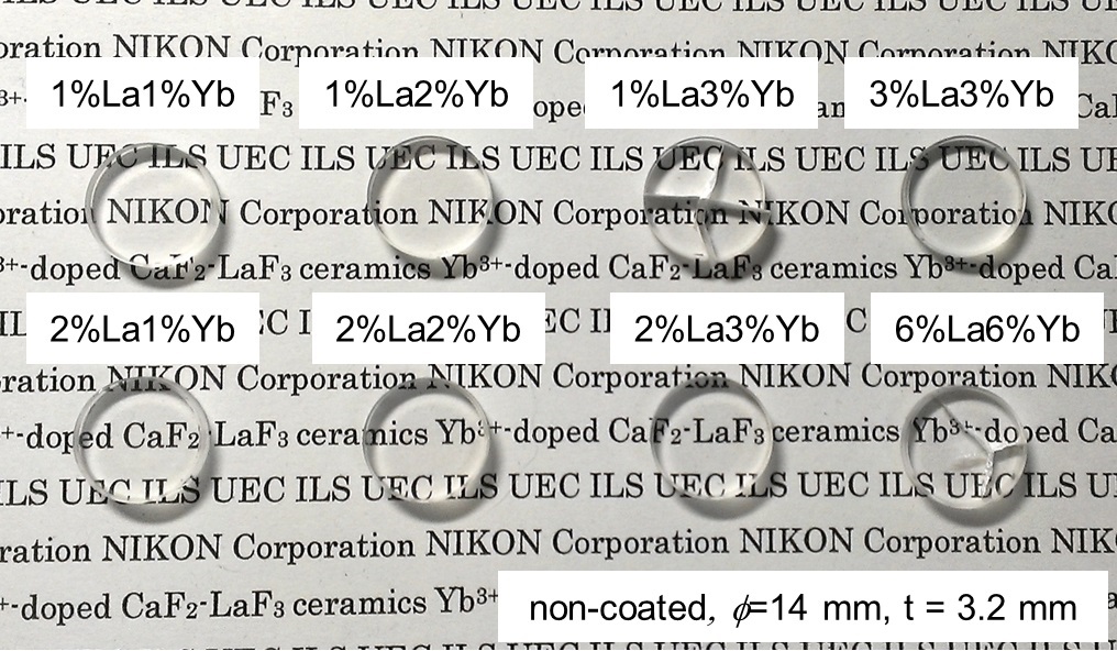 Yb:CaF2-LaF3 ceramic samples with different combinations of doping concentrations.