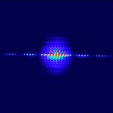 Diffraction image of a grating consisting of four slits, created using partially coherent light from the Free-Electron Laser Hamburg, as used in the experiment