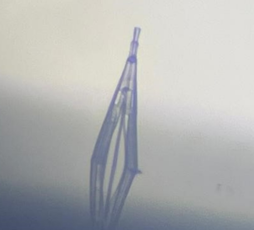 Microscope view of 3D-nanoprinted photonic lantern, with total height of 375 mm and spatial features in the 1 mm range.