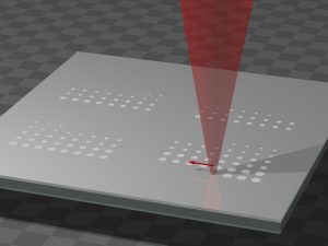 Schematic illustration of a focused laser beam locally heating and oxidizing the surface of a thin ruthenium layer